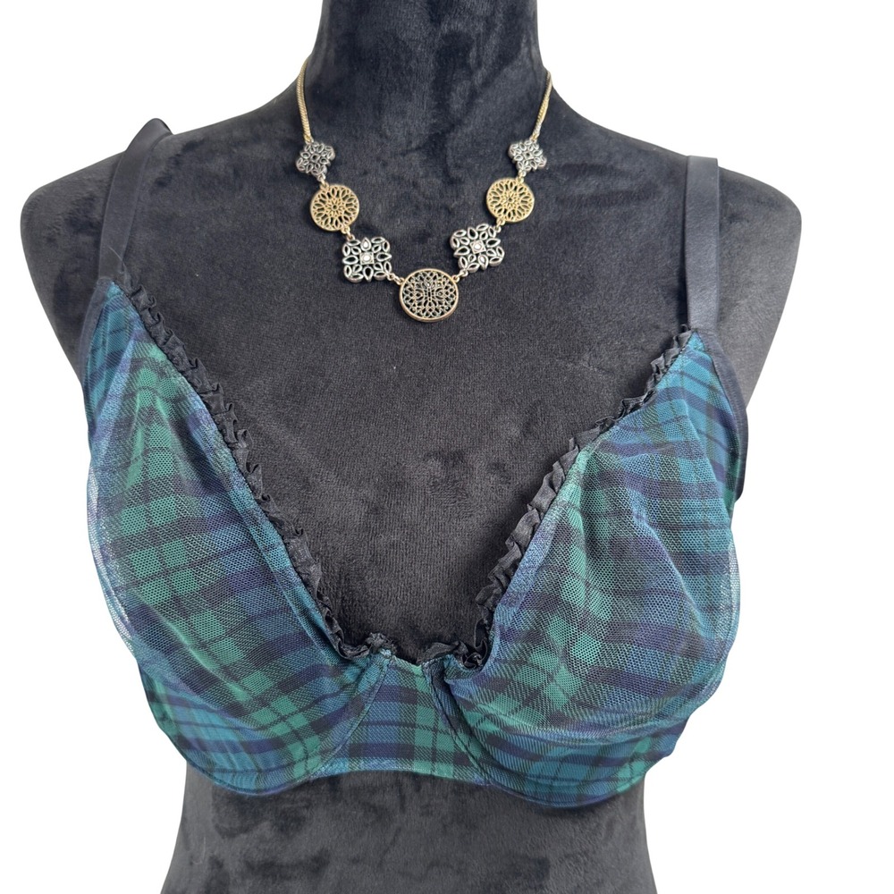 Women's Parade Mesh Underwire Bra Size L+ Green Blue Black Tartan Plaid PR133
